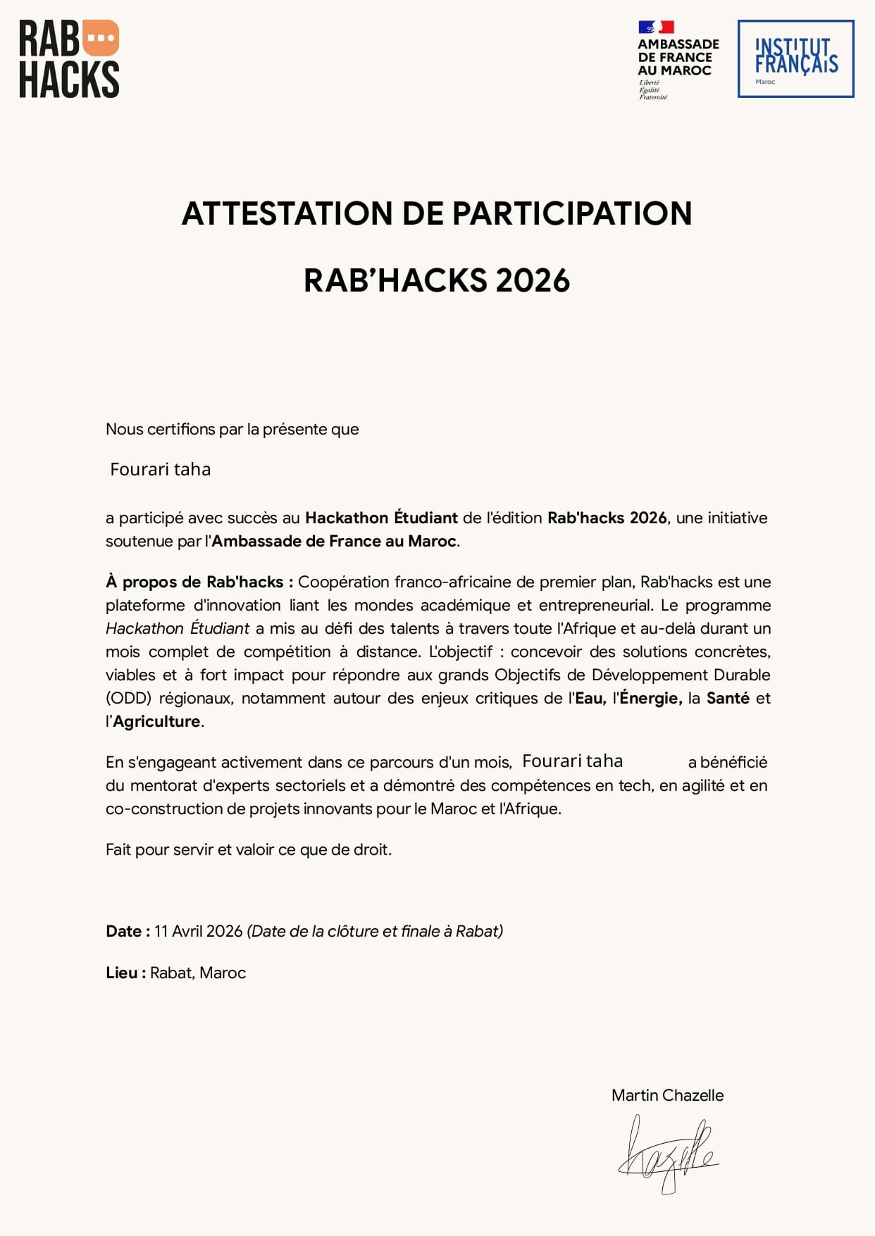 Selected & Presented Project certificate